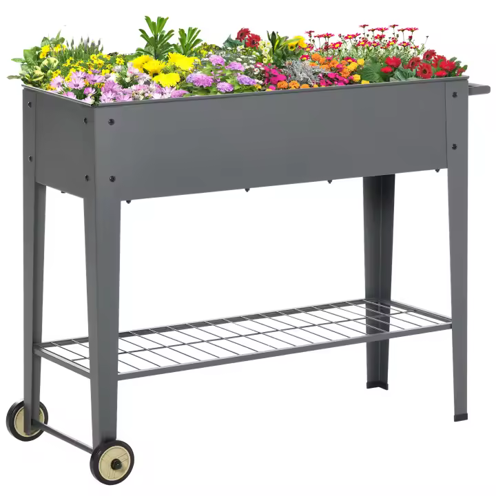 Outsunny Huerto Urbano Jardinera Elevada de Metal Cama de Jardín con Ruedas Asa Lateral y Estante Inferior para Cultivo Plantas Hortalizas Flores 104x39x80 cm Gris - 1