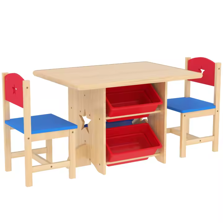 AIYAPLAY Mesa y Sillas Infantiles de 3 Piezas Mesa Infantil con 2 Sillas y 4 Cestas de Almacenamiento Juego de Muebles para Actividades para Niños de +3 Años para Sala de Juegos Natural - 1