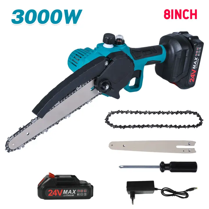 Mini sierra de podar eléctrica con engrasador, 3000W, 8 pulgadas, con 1 batería 24V y cargador, herramientas eléctricas para carpintería, jardín, recorte - 1