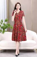 Vestido Midi Vintage De Verano Para Mujer Con Cuello En V Y Estampado Casual A-Line Manga Corta Cintura Ajustada - details 12