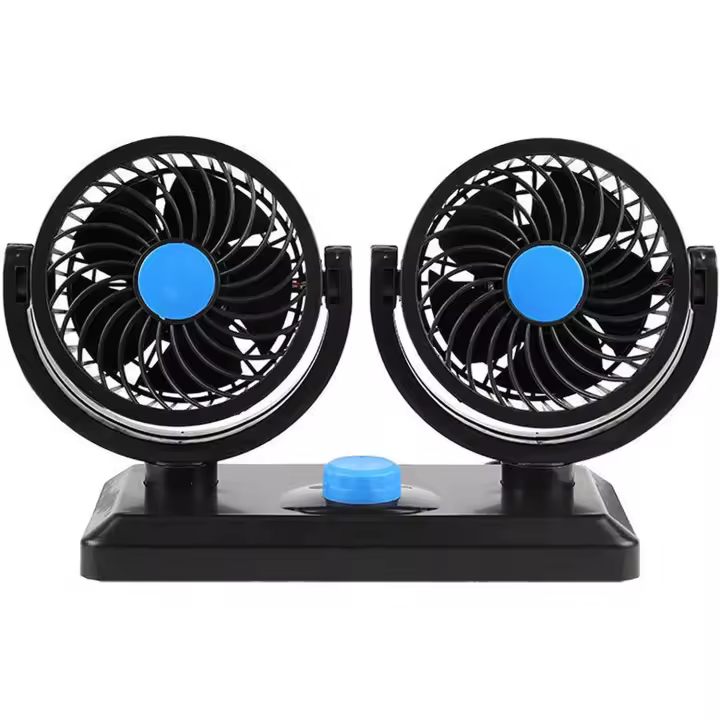Ventilador de refrigeración portátil para coche, ventilador de 12 a 24 V, ventilador eléctrico de doble cabeza, rotación manual de 360 grados, dos velocidades ajustables con enchufe para encendedor de - 1