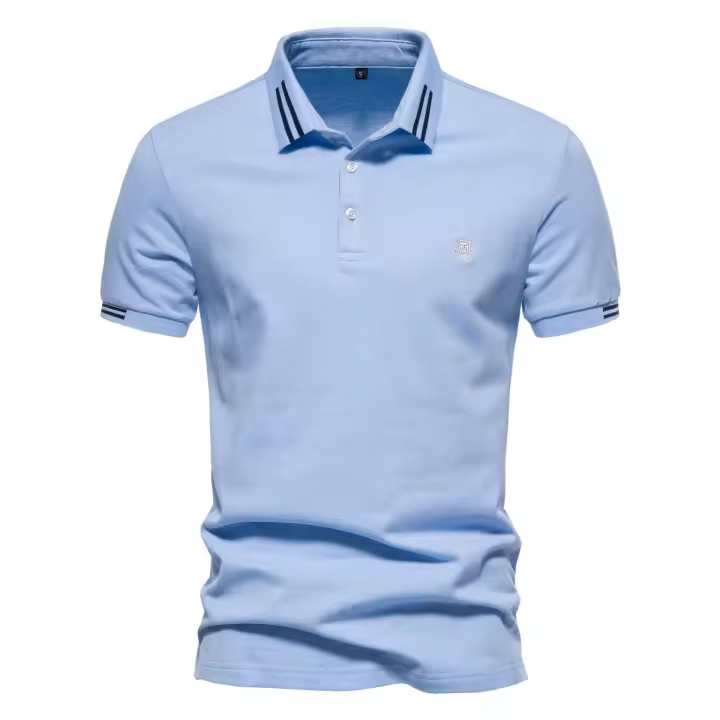 MOV-2025 verano nuevo estilo solapa tamaño europeo rayas decorativas algodón POLO camisa bordada casual hombres color sólido tops de manga corta - 1