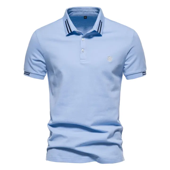 MOV-2025 verano nuevo estilo solapa tamaño europeo rayas decorativas algodón POLO camisa bordada casual hombres color sólido tops de manga corta - 1