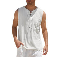 Camiseta Ligera De Verano Para Hombres Top Transpirable Estilo Casual Color Sólido Sin Mangas Con Cierre De Encaje Ropa - details 1