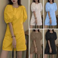 VONDA Vestido Mini De Verano Para Mujer Elegante Corto Con Mangas Flounce Estilo Casual Solido Cuello Redondo Vestido De Fiesta De Playa - details 1