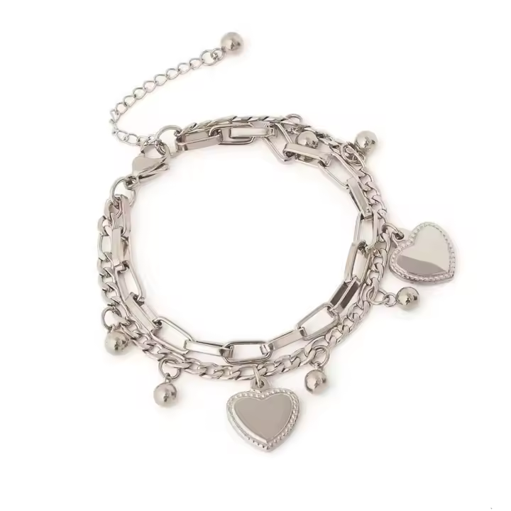 Pulsera De Doble Capa En Forma De Corazón Para Mujer Con Encentos Pequeños En Oro Y Plata Pulsera De Moda Para Uso Diario Joyería De Metal - 1