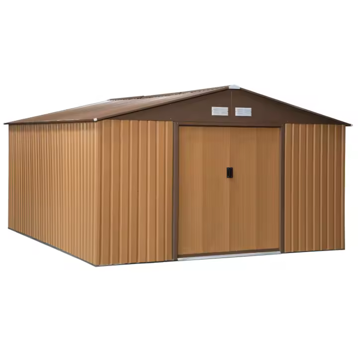 Outsunny Caseta de Jardín Exterior, 12,4 m² 340x386x200 cm Cobertizo de Jardín Exterior Metálico con Puertas Dobles con Cerradura Kit de Fundación y Ventilación para Almacenaje Bicicletas Blanco - 1