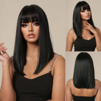 Pelucas Sintéticas Negras Con Franja Bob Larga Media Natural Para Mujer Peluca De Cosplay Resistente Al Calor Uso Diario - details 1