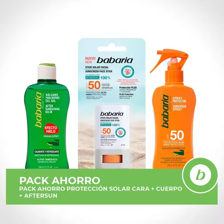 BABARIA Pack ahorro protección solar - Contiene Stick Facial SPF50 + Spray Protector Aloe SPF50 200ml + After Sun Hielo 200ml - 1