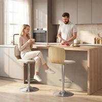 HOMCOM Juego de 2 Taburetes Altos de Cocina Giratorios en 360°, Taburetes de Bar Regulables en Altura de 81-102 cm, Tapizados en Lino, Reposapiés, para Comedor, Mostrador, Beige - details 1