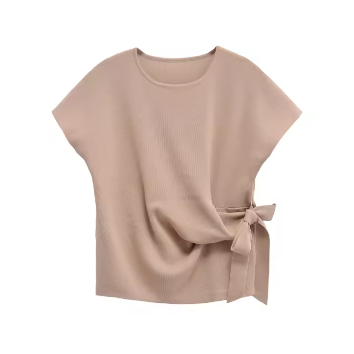 New Women Round Neck Short Sleeve Soft Knotted T Shirt Solid Casual Summer Tops - 1