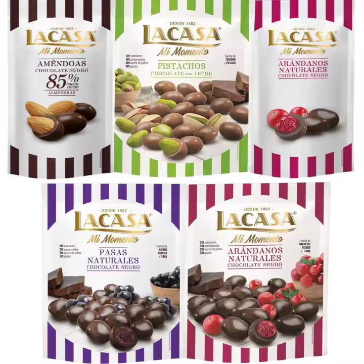 Lacasa Mi Momento pack de 5:Arándano choco Negro 60G,Almendra 85% 65G,Arándano choco Negro 125G,Pasas choco Negro 150G,Pistacho Leche 100G - 1