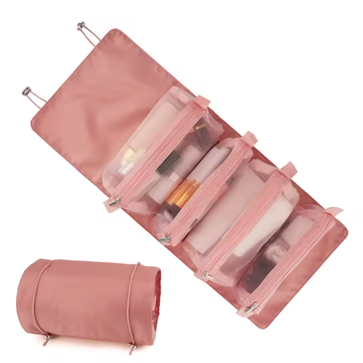 Bolsa De Maquillaje Organizadora 4 En 1 Para Mujer Con Cierre De Cremallera Y Malla Gran Capacidad Bolso De Cosméticos Plegable Portátil Para Viaje Y Almacenamiento - 1