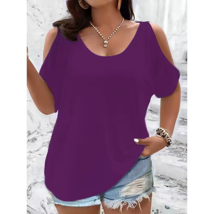Camiseta de Verano para Mujer Talla Grande – Top Holgado e Informal con Hombros Descubiertos y Recortes a la Moda - 1