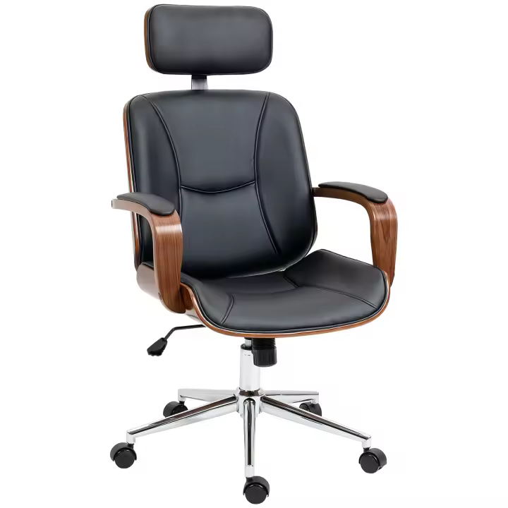 Vinsetto Silla de Oficina Ergonómica Silla de Escritorio Giratoria de Cuero PU con Reposacabezas Extraíble Altura Ajustable y Función de Inclinación 63x62x110-120 cm Negro - 1