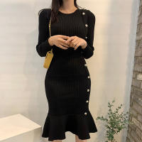 Vestido Bodycon Mermaid Elegante De Moda Coreana YuooMuoo Negro Con Volantes Para Fiesta Y Oficina Vestido De Cintura Imperio De Pierna Larga Estilo Lady - details 1