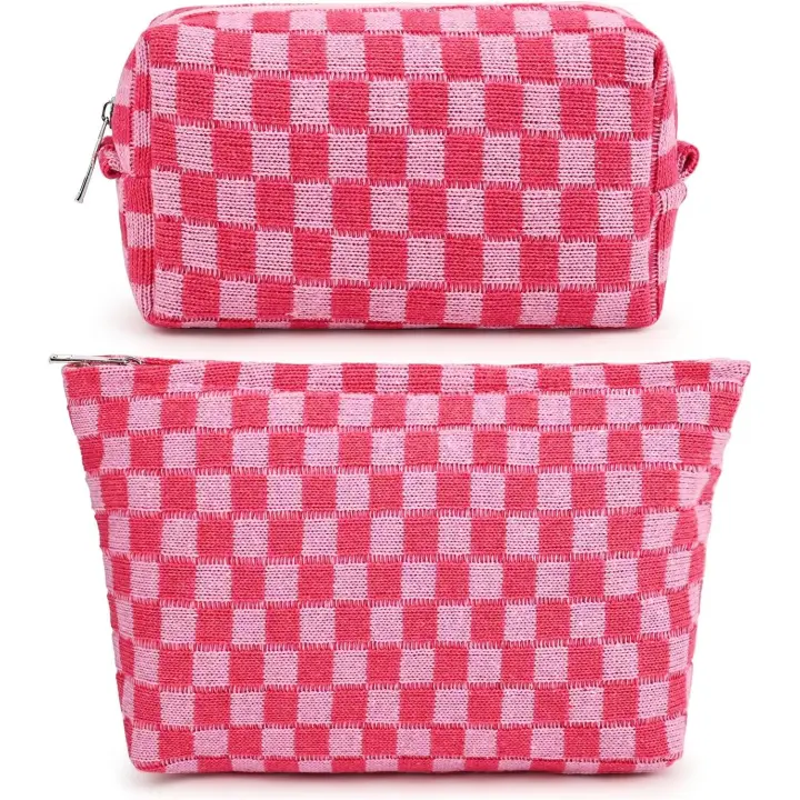 Bolsa de maquillaje de 2 piezas, bolsa de cosméticos grande a cuadros, bolsa de lona rosa con capacidad, bolsa de artículos de tocador para viaje, organizador, bolsa de almacenamiento de accesorios linda - 1