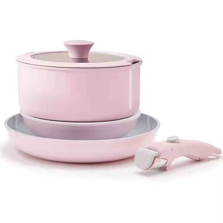 Juego de ollas y sartenes de cerámica, 5 piezas, 20/26 cm, no tóxico, sartén antiadherente con tapa y asas extraíbles, apta para inducción y horno, libre de PTFE y PFOA, color rosa - 1
