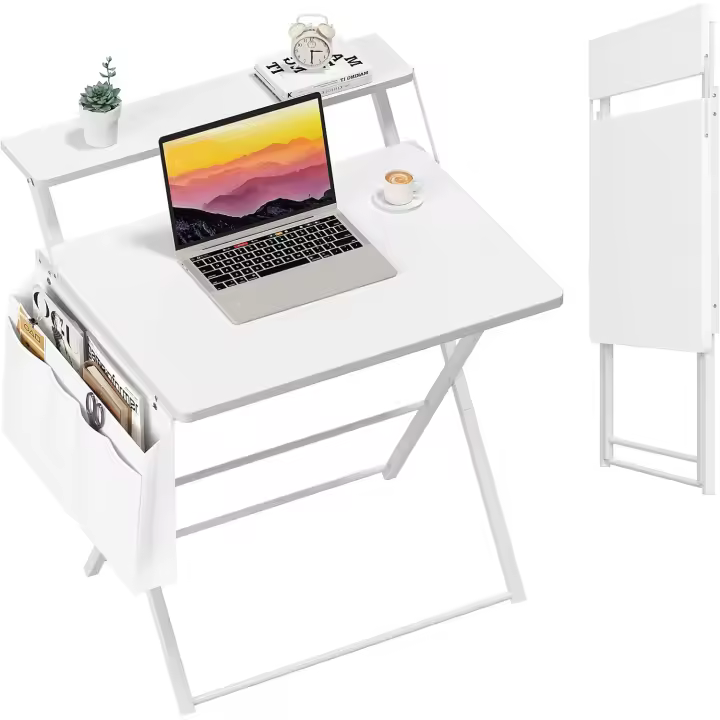 Escritorio Plegable con Soporte de Monitor, 60cm Pequeño Mesa de Oficina con Gancho, Moderno Escritorio con Bolsa de Almacenamiento para Estudio - 1
