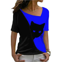 Blusa De Verano Para Mujer Estilo Nuevo Con Cuello Inclinado Y Estampado De Gato Negro Manga Corta Camiseta Casual De Polyester Y Spandex - details 1