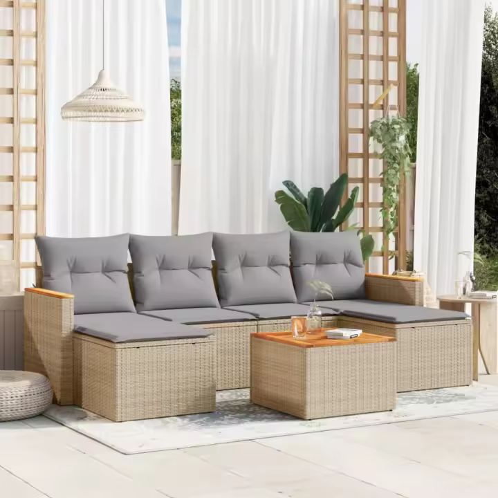 vidaXL Set sofás de jardín 7 piezas y cojines ratán sintético beige - 1