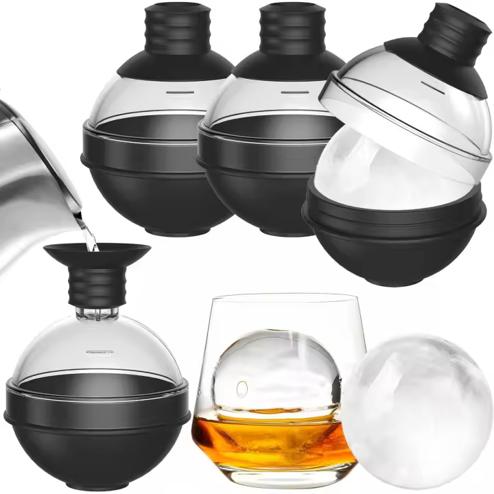 Cubiteras para Hielo Grande de silicona para Whiskey-Set de 4 con tapa de Embudo 2 en 1 - Moldes de Cubitos de Hielo redondo de 6cm para cóceles de Bourbon-Liberación rápido-Large Cube tray - 1