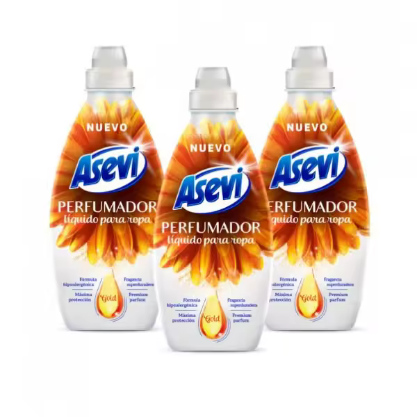 Asevi Perfumador Liquido Concentrado para Lavadora Gold, 720ml para 36 Lavados, Pack 3 uds, Perfume para la Ropa, Fragancia Intensa y Sofisticada con Olor Afrutado, Para Todo Tipo de Prendas, Formula Hipoalergenica, Dermatologicamente Testada - 1