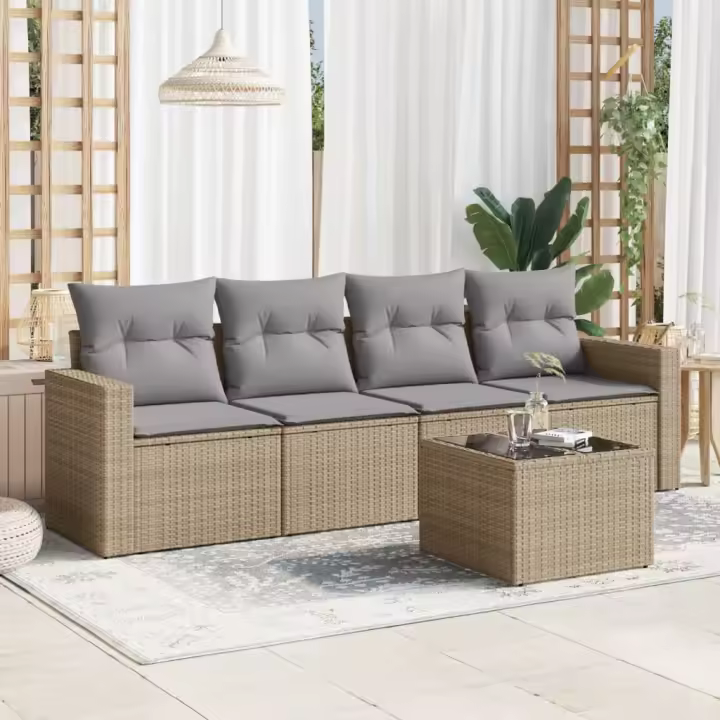 vidaXL Juego de sofás jardín con cojines 5 pzas ratán sintético beige - 1