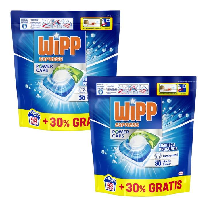 Wipp express power caps pack of 2 bags of detergent capsules for washing machine 33+10 deep cleaning doses, effective in cold water (86 capsules in total)