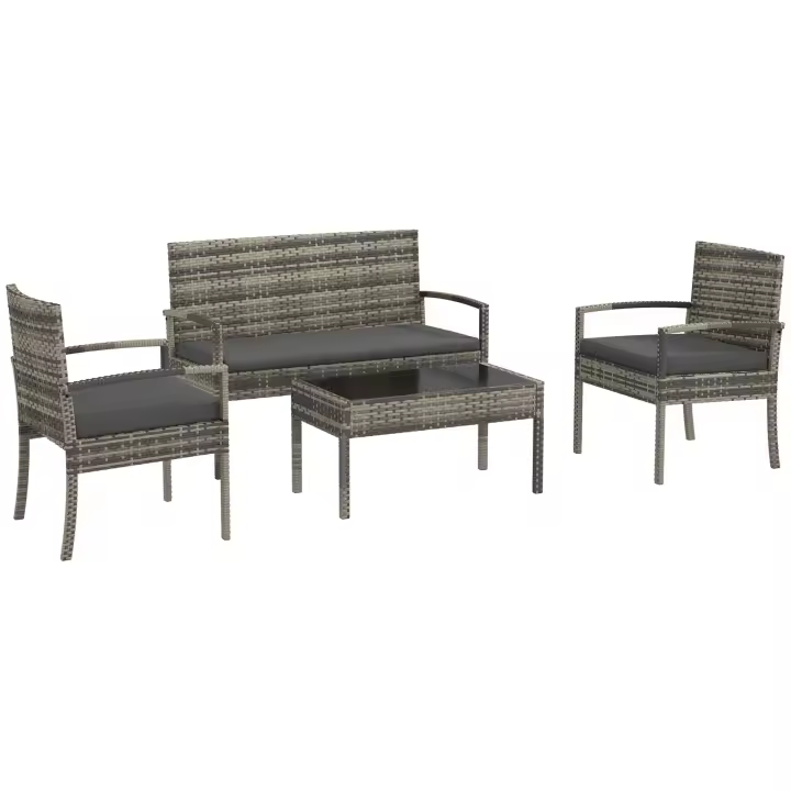 Outsunny Conjunto de Jardín de Ratán Sintético Juego de 4 Piezas Muebles de Jardín con 2 Sillones 1 Sofá de 2 Plazas y 1 Mesa de Centro de Tablero de Vidrio para Patio Gris - 1