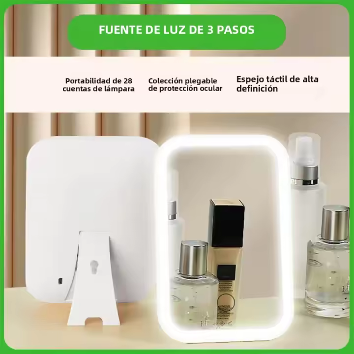 Espejo De Maquillaje Con Pantalla Táctil LED Plegable Y 3 Modos De Luz Recargable Por USB Color ABS Herramientas De Cosméticos - 1