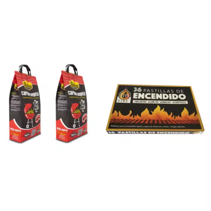 MAXHOME-Carbón Puro Vegetal Premium 20L. para Barbacoa y Cocina de leña. Composición de 2 Bolsas de 10L y un paquete pastillas encender fuegos - 1
