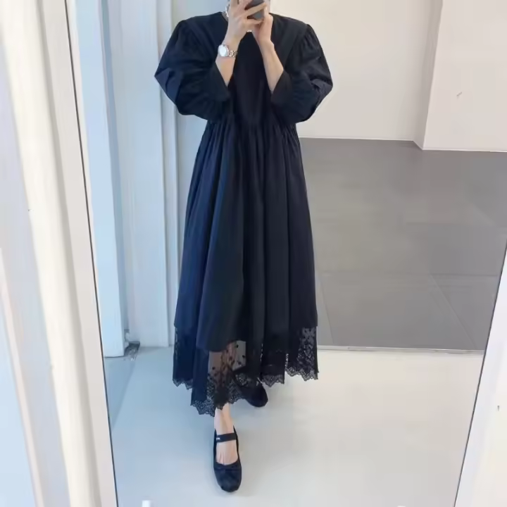 Vestido Largo Elegante De Encaje Patchwork Para Mujer REALEFT Otoño 2024 Cintura Alta Manga Larga Cuello Redondo Estilo Coreano Vestido Recto Para Mujer - 1