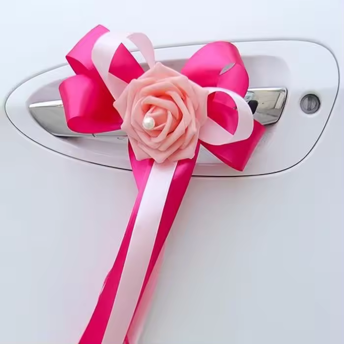 Juego de 6 Lagos de cinta de Satin de dos Colores with Flor decorada with a Pearl nacarada-Decoración de Tul para Coche de Boda R - 1