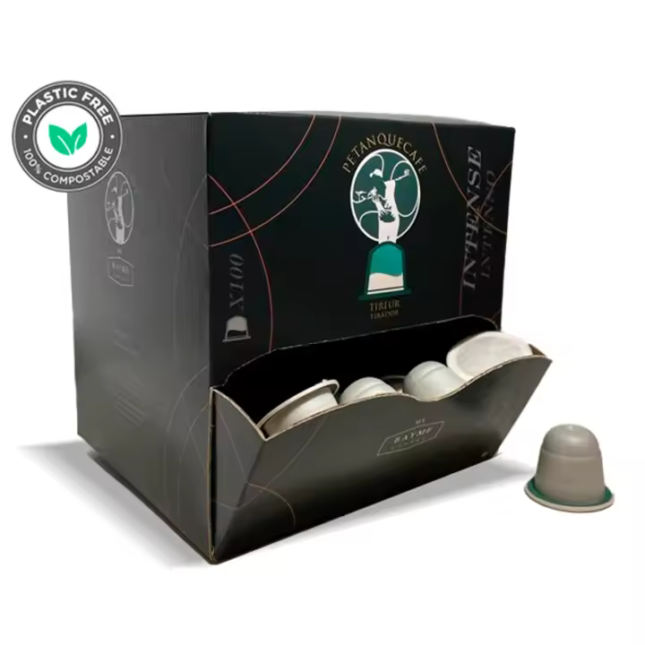 Cápsulas de café PETANQUECAFE Tirador Intenso, caja 100 uds. Cápsulas de café Compostables compatibles con Nespresso.  ¡Un café con mucho juego! Cápsulas de café Petanque Café Intenso ARABICA y ROBUSTA - 1