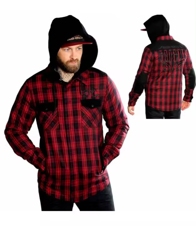 Sobrecamisa Cuadros Rojos y Negros Hombre Cierre Broche Presión Capucha Extraible HYRAW SP24-M18 - 1