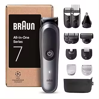 Braun Series 7 Recortadora Todo En Uno 7 AIO7545, Kit De Styling 2en1 Para Barba, Pelo, Orejas, Nariz y Cuerpo, 14 Longitudes, 120 Min De Autonomía, Cortapelos Hombre Con Lámina Ultra Afilada, Gris - 1