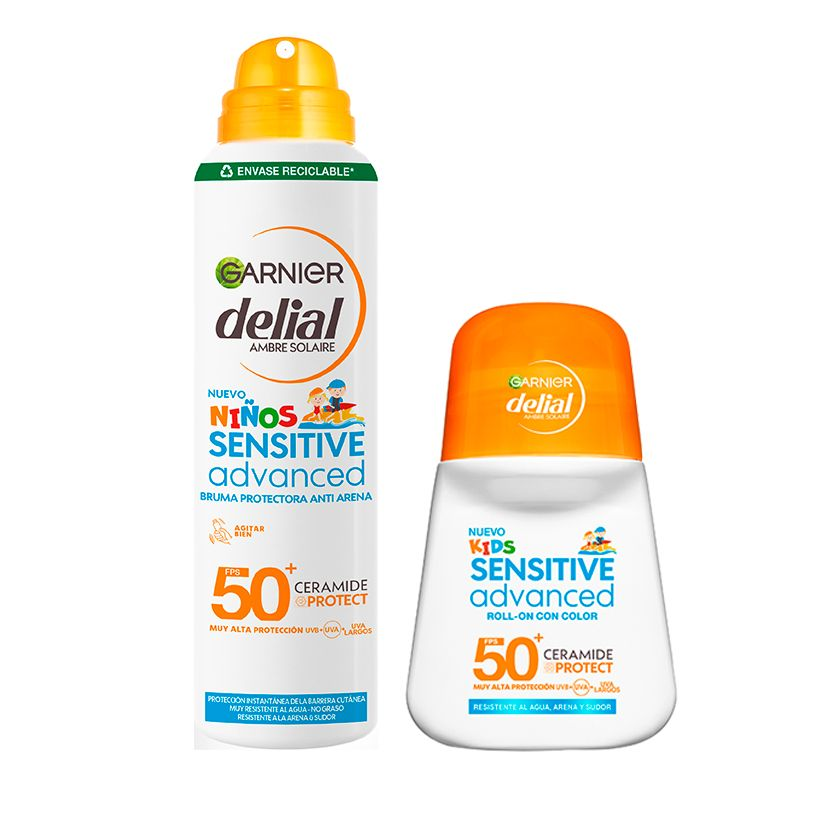 Garnier Delial Sensitive Advanced Bruma Protectora Anti Arena para pieles sensibles, claras e intolerantes al sol IP50+ 150ML  + Garnier Delial Sensitive Advanced Kids Roll-on con color FPS 50+ 50ML
