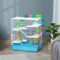PawHut Jaula para Hámster Grande 59x36x69 cm Casa para Hámster con 4 Plataformas Tubos Comedero Bebedero 4 Rampas Rueda de Ejercicio y 2 Asas Portátiles Azul y Blanco - details 1