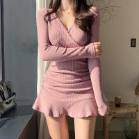 Vestido Mini De Punto Color Sólido Con Cuello En V Y Manga Larga Estilo Coreano Elegante Con Volantes Y Corte Bodycon Para Mujer Otoño - details 0