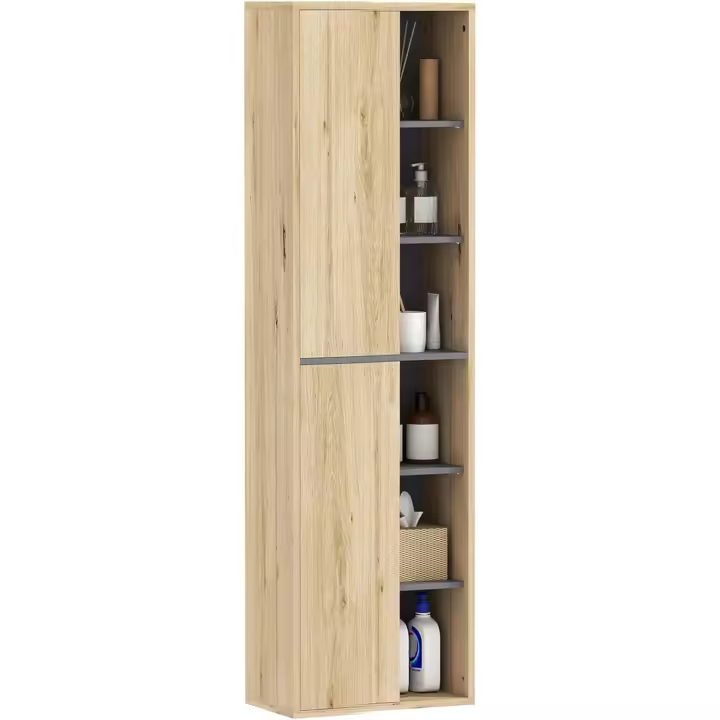 Columna de Baño de Pared Armario de Baño con Compartimentos Abiertos y 2 Puertas Mueble de Baño Moderno 40x24x141,5 cm Natural - 1