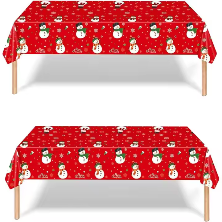 Paquete de 2 manteles navideños para fiestas, 137 x 274 cm, manteles grandes de plástico rojo rectangulares, vajilla para fiestas con muñecos de nieve - 1