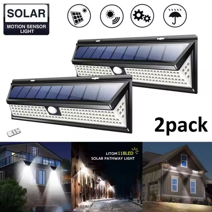 [Paquete de 2] Luz solar para Exterior de 118 LED con control remoto-resistente a Agua IP65 - 1