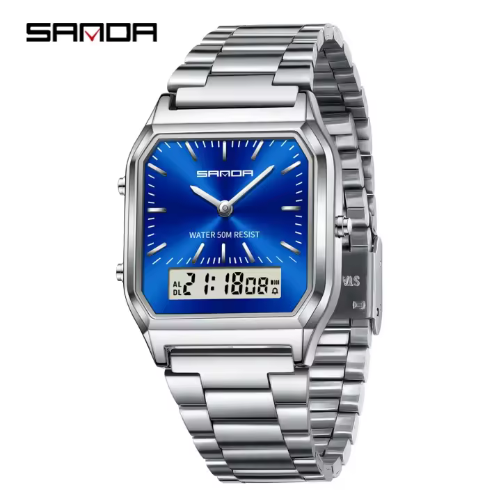 Reloj De Pulsera Cuarzo Digital Para Hombre SANDA 747 Resistente Al Agua Acero Inoxidable Estuche Cuadrado Luminoso Y Resistente Al Shock - 1