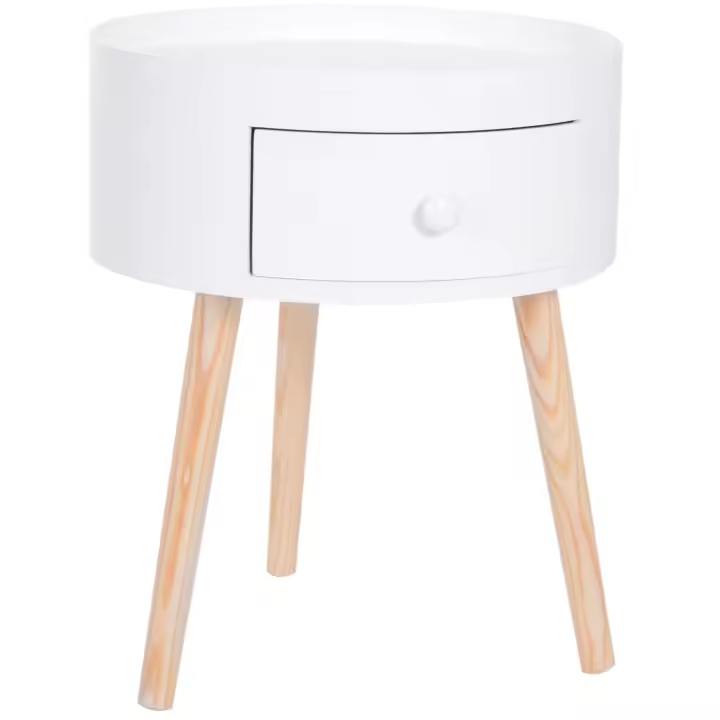 HOMCOM Mesita de Noche con 1 Cajón Mesa Auxiliar Redonda con Borde Elevado y 3 Patas de Madera para Dormitorio Sala de Estar Estilo de Moderno Ø38x45 cm Blanco - 1