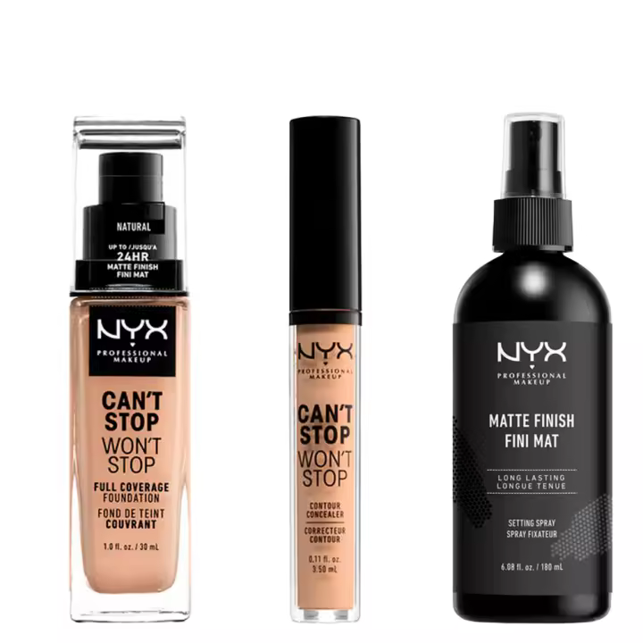 NYX Professional MakeUp | Rutina de Maquillaje: Base de Maquillaje Mate Can't Stop Won't Stop Natural + Corrector Can't Stop Won't Stop Natural+ Spray Fijador de 180ml : Logra un look de maquillaje completo con esta rutina. - 1