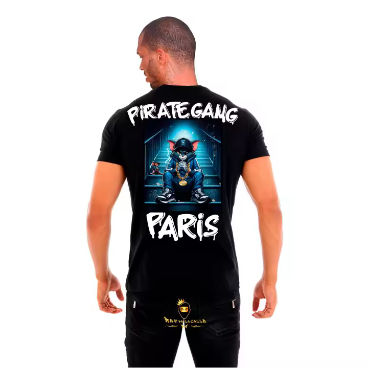Camiseta Pirate Gang París Negra Pedrería Brillante Gato Tom - 1
