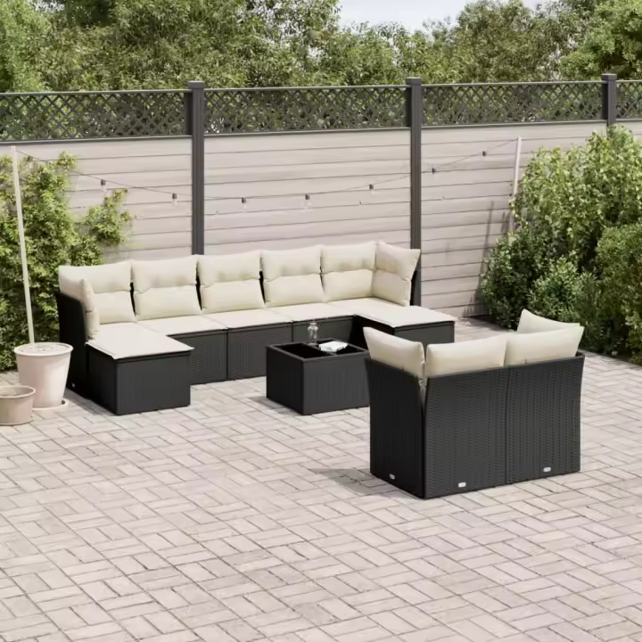vidaXL Set de sofás de jardín 10 pzas cojines ratán sintético negro - 1