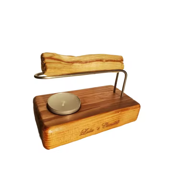Quemador de Palo Santo de madera y barnizado, nogal, incluye soporte de acero inoxidable, vela de té y Palo Santo. Marca lala´s candels - 1