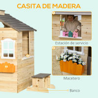 Outsunny Casa de Jardín Infantil de Madera Casa de Juegos Exterior para Niños de 3 -7 Años con Ventanas 2 Jardineras y 1 Banco 113x94x134,5 cm Natural - details 4